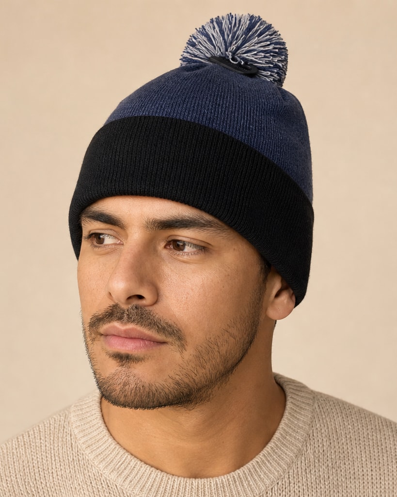 Acylic Blue Melange Embroider Knit Beanie