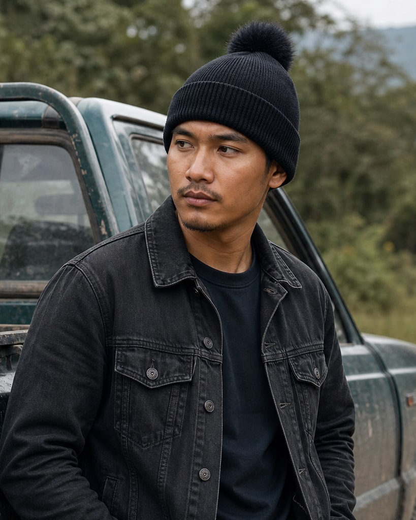Black Viscose Polyester Acrylic Covering Yarn Knit Beanie