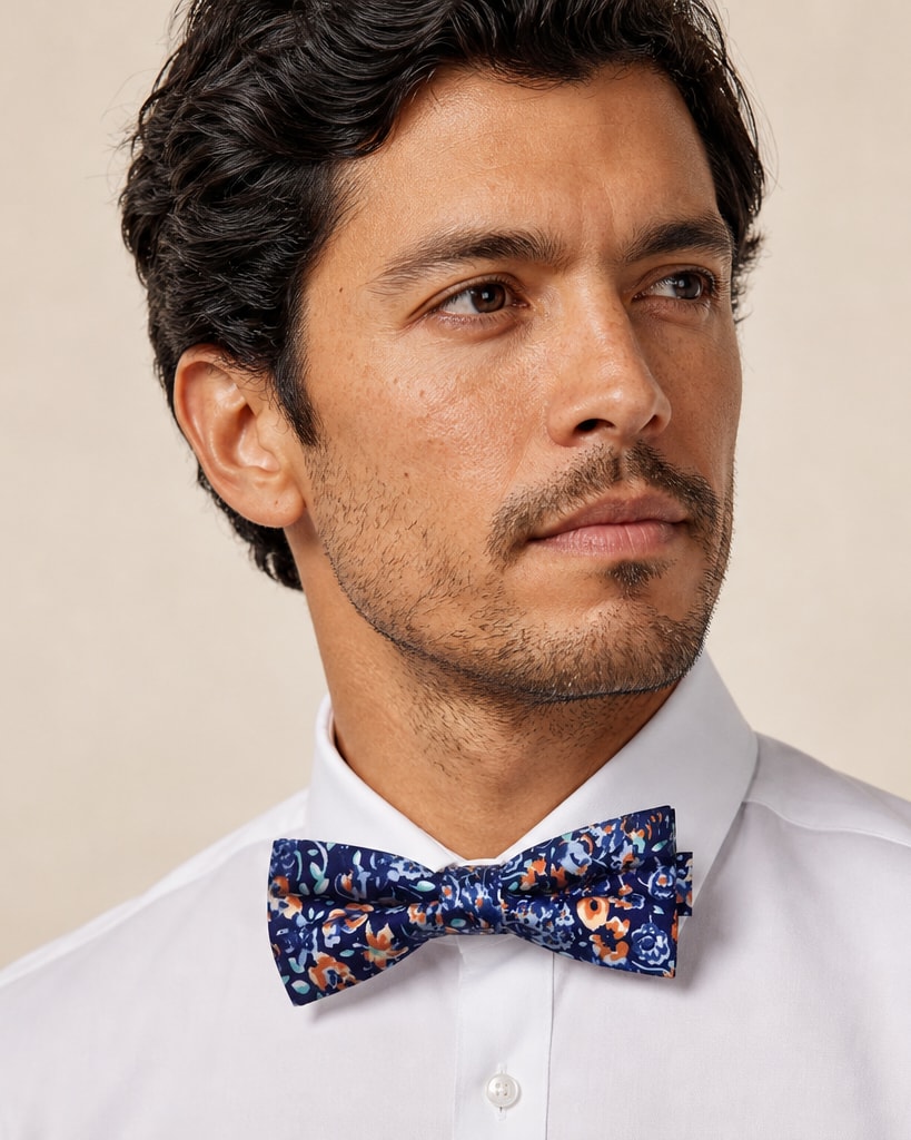 Navy Multicolour Polyester Printed Trendy Bow Tie