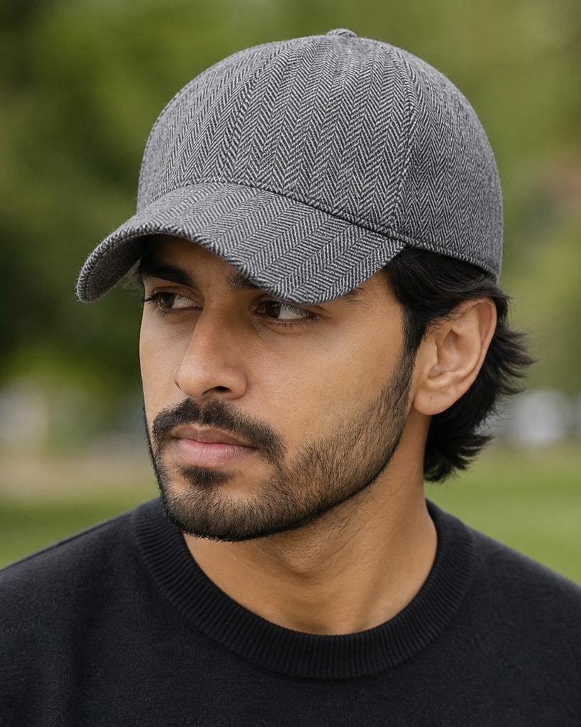 Grey Polyester Wool Herringbone Embroider Golf Cap