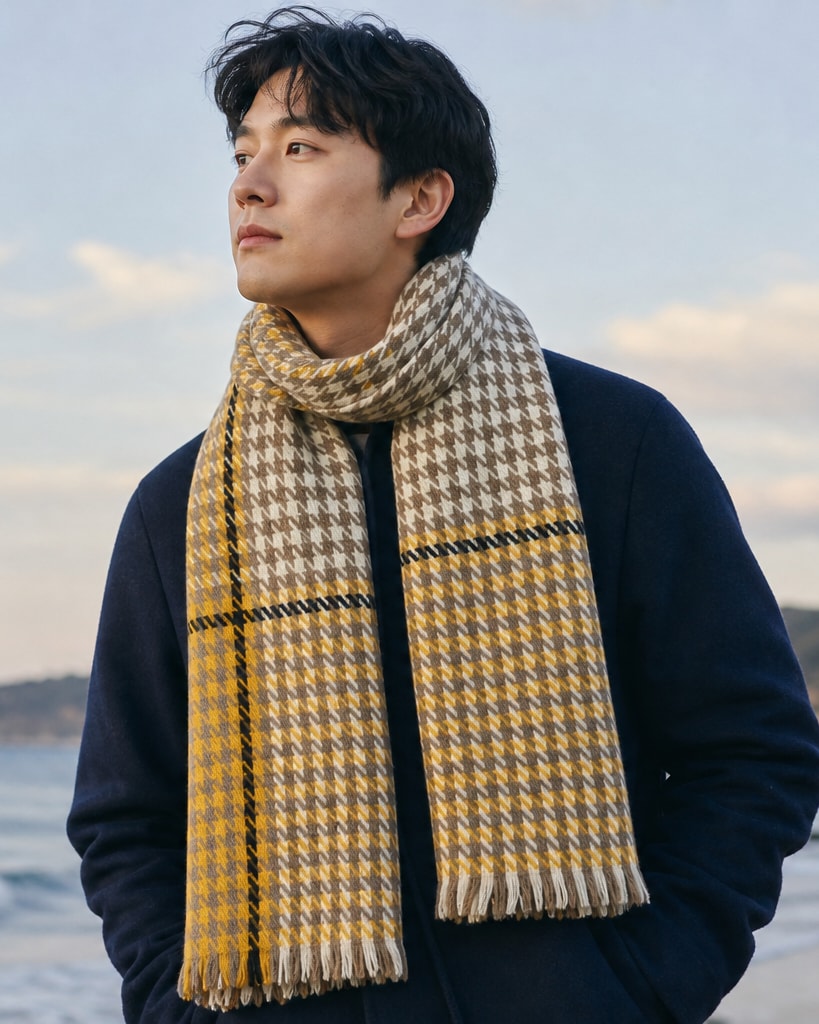 Yellow Houndstooth Acrylic Comfort Jacquard Scarves