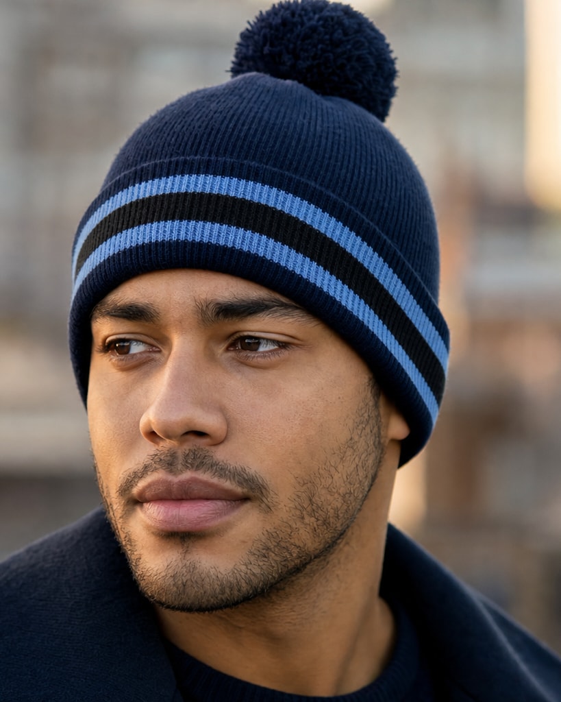 Blue and Black Acylic Jacquard Knit Hat