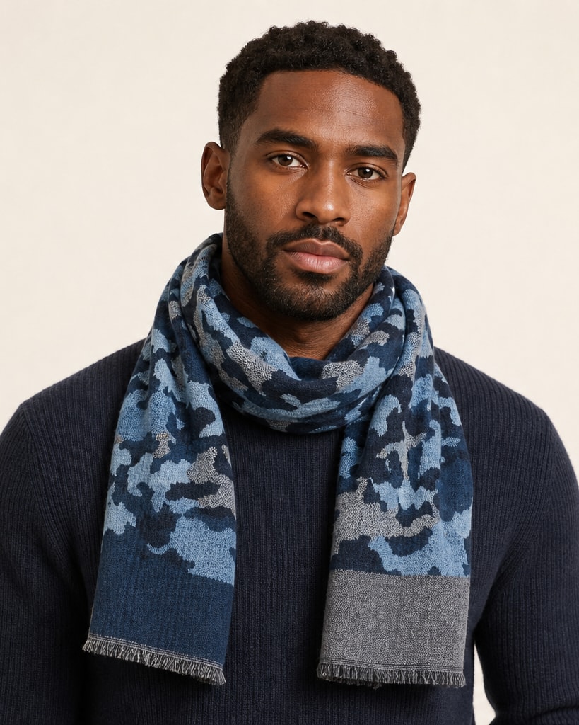 Blue Cotton Camouflage Print Scarf