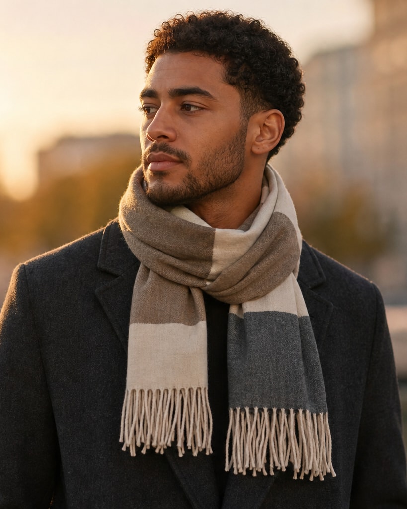 Khaki Wool Acrylic Classical Woven Scarf