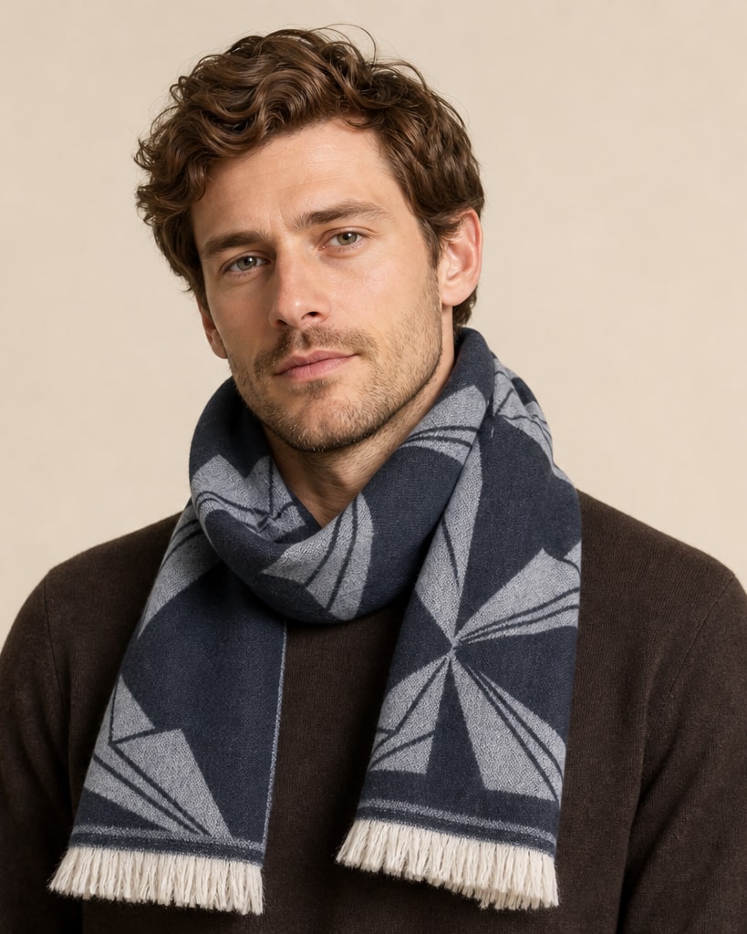 Navy Off white Wool and Acrylic Fashion Woven Scarf
